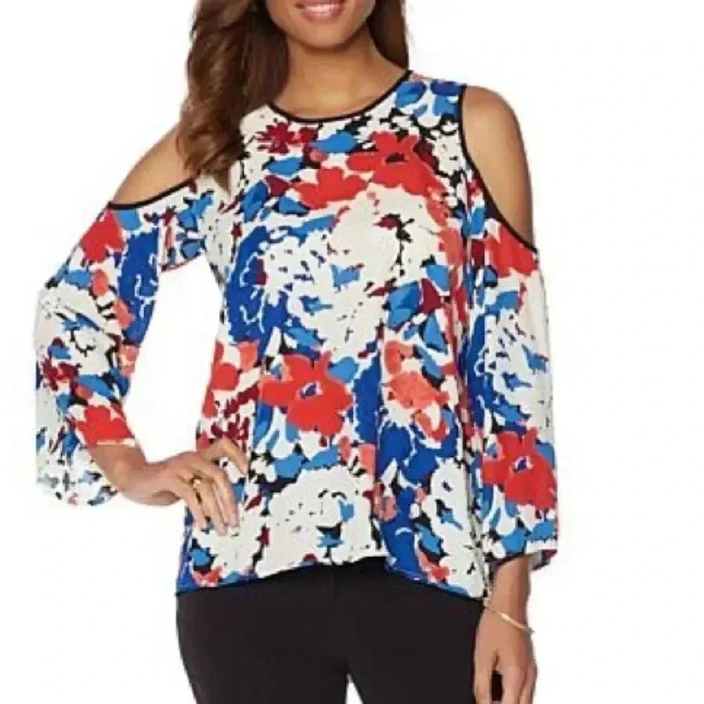 Vince camuto RED BLUE WJITE FLORAL PRINT COLD SHOULDER TOP SIZE‎ MEDIUM